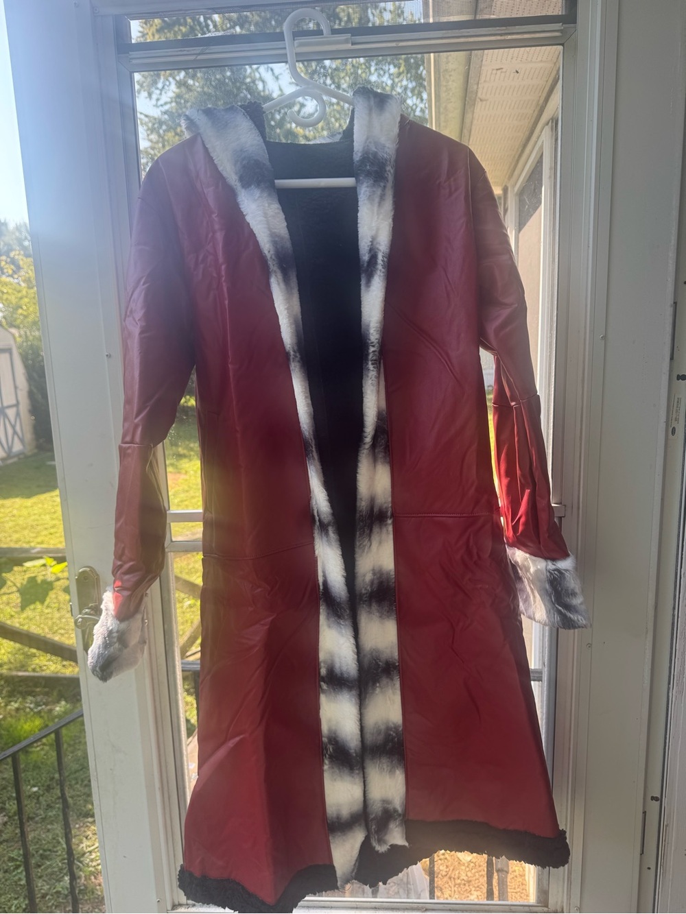 Red Faux-Leather Trench Coat with Black & White Faux-Fur Trim